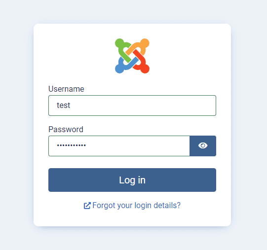 Joomla 4 login form using test as username.