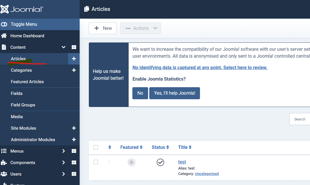 Joomla article section - content management - Joomla 4 Dashboard