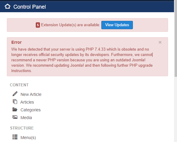 Joomla Obsolete Php 7 Error In Administrator Dashboard? Thumbnail